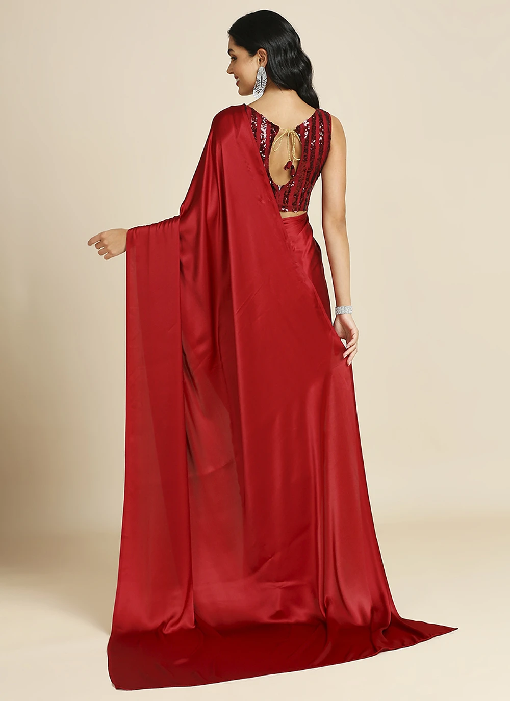 Red Silk Blend Saree With Lycra Sequins Unstitch Blouse — view 2