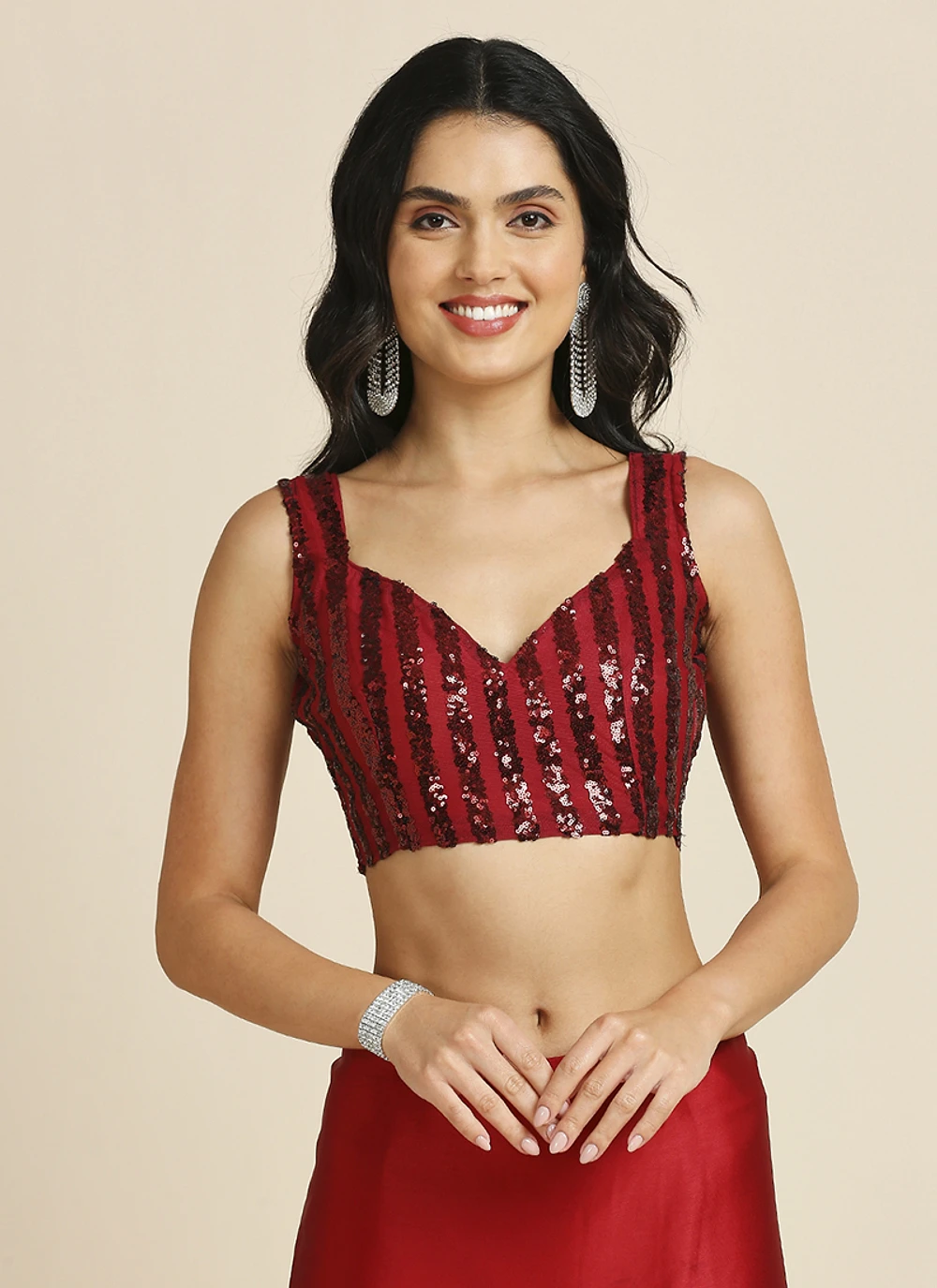 Red Silk Blend Saree With Lycra Sequins Unstitch Blouse — view 5