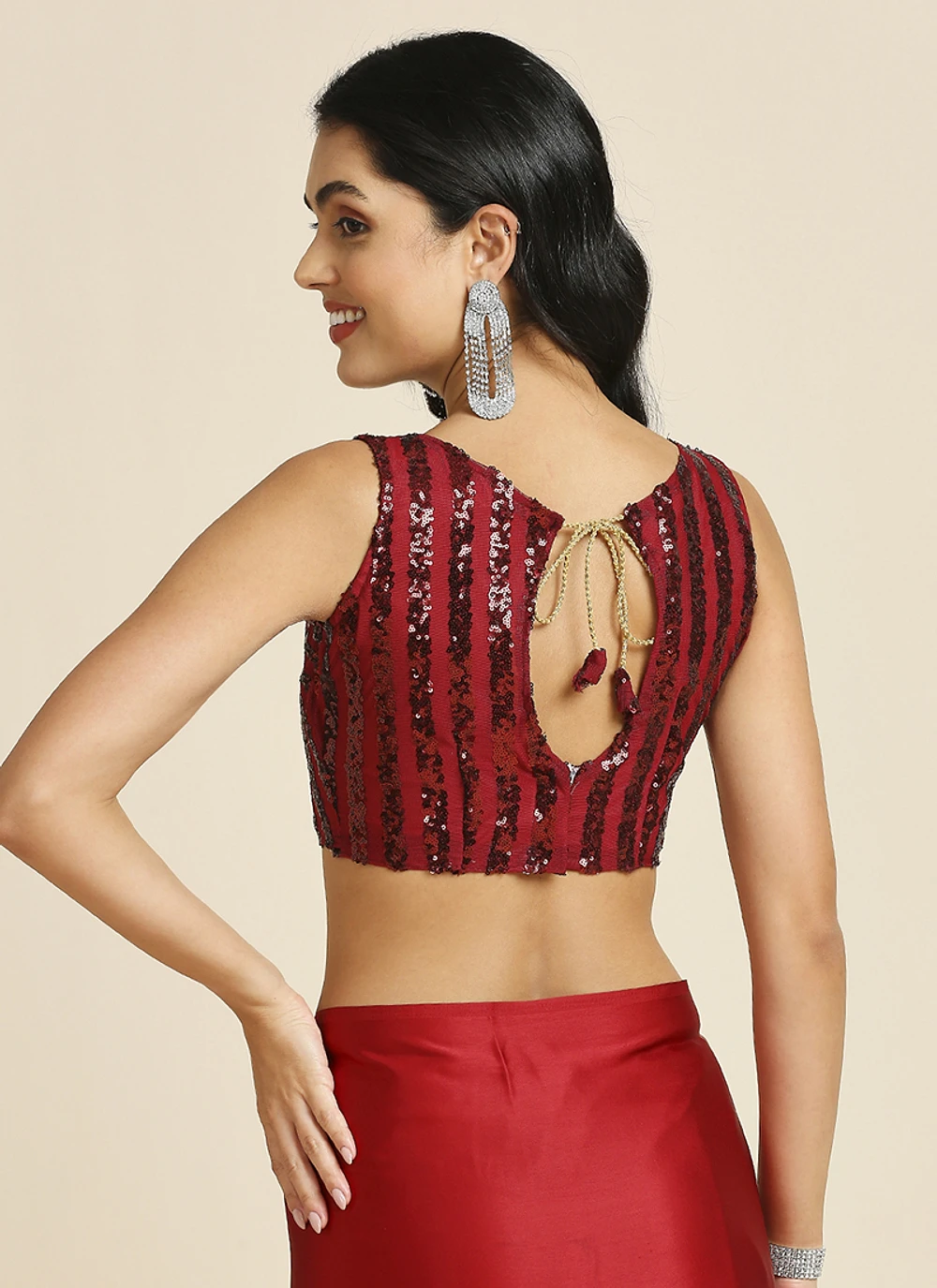 Red Silk Blend Saree With Lycra Sequins Unstitch Blouse — view 6