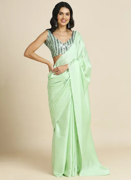 Sea Green Silk Blend Saree With Lycra Sequins Unstitch Blouse