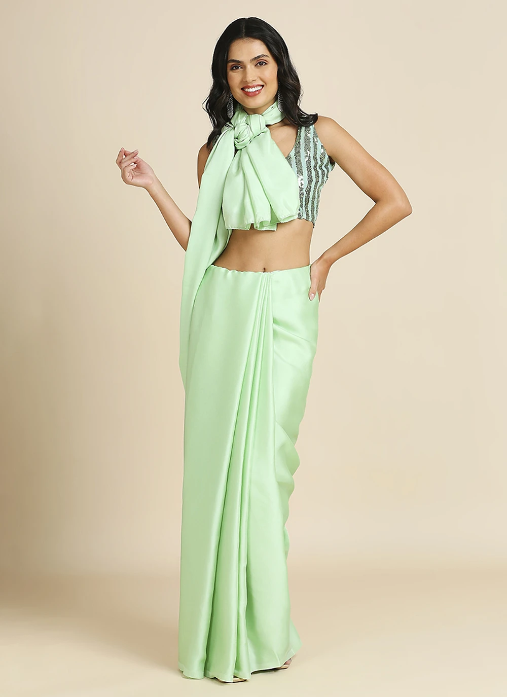 Sea Green Silk Blend Saree With Lycra Sequins Unstitch Blouse — view 8
