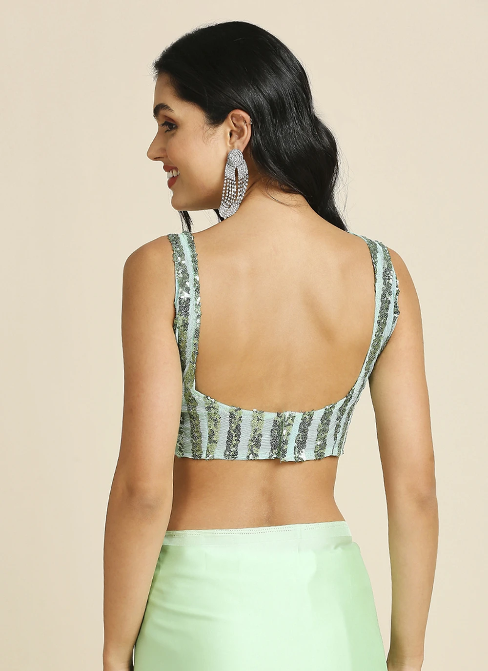 Sea Green Silk Blend Saree With Lycra Sequins Unstitch Blouse — view 2