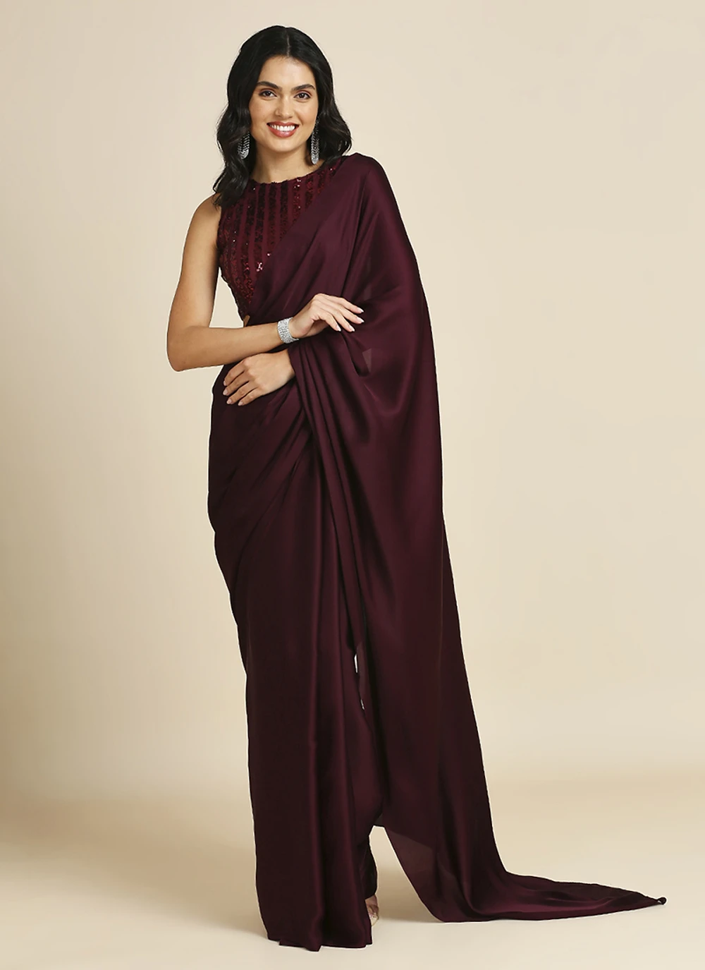 Wine Silk Blend Saree With Lycra Sequins Unstitch Blouse — view 1
