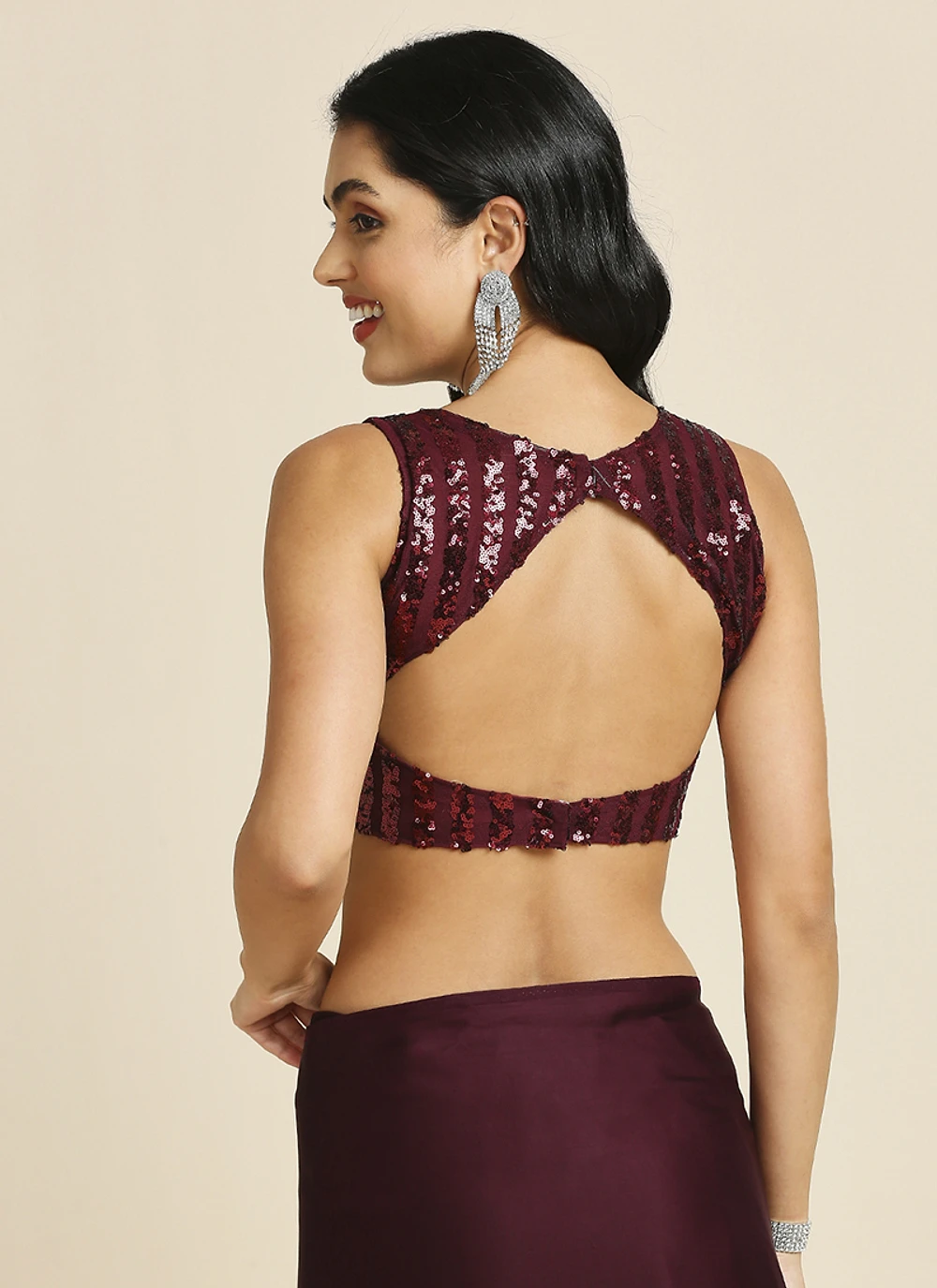 Wine Silk Blend Saree With Lycra Sequins Unstitch Blouse — view 2