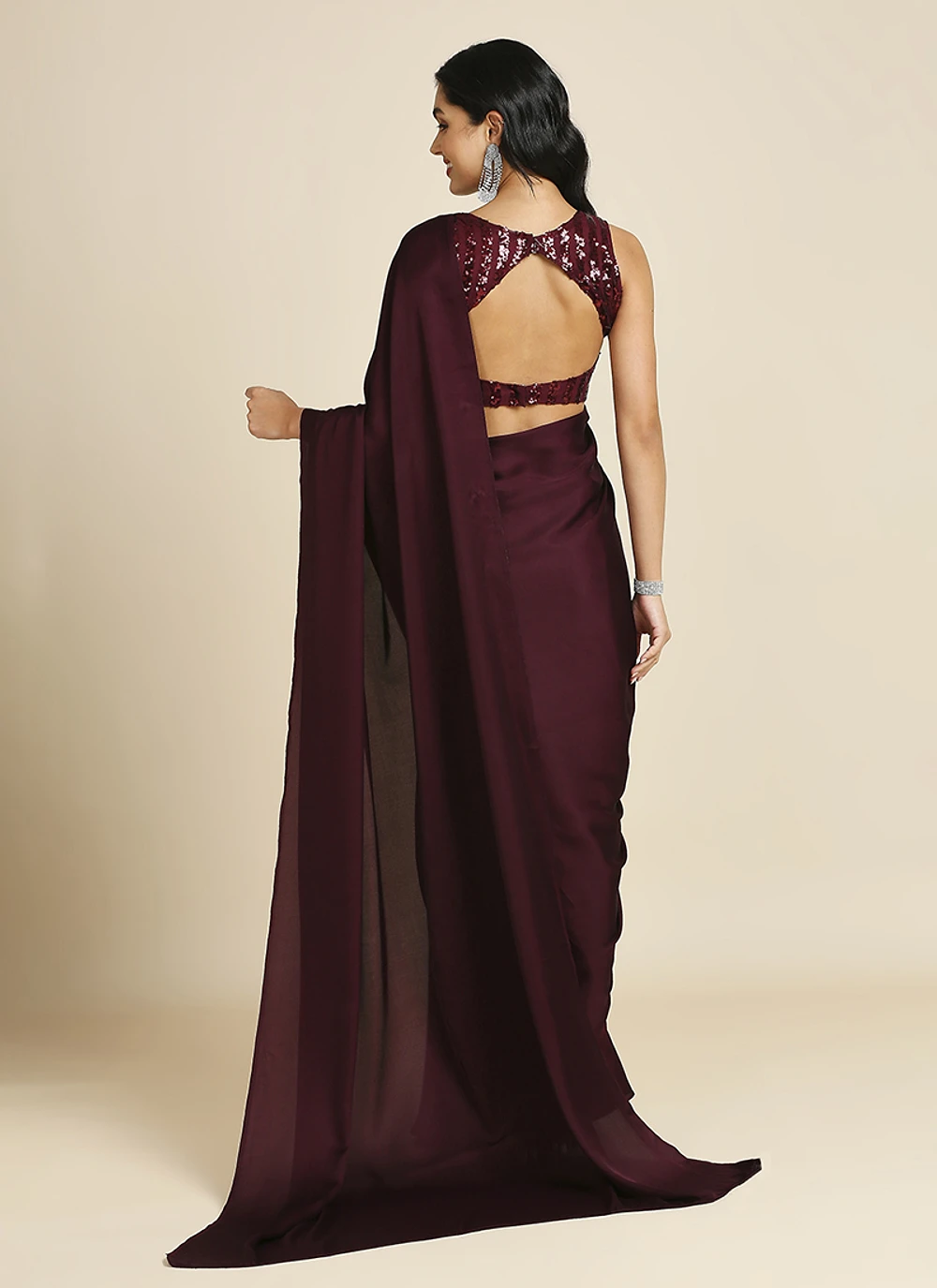 Wine Silk Blend Saree With Lycra Sequins Unstitch Blouse — view 5