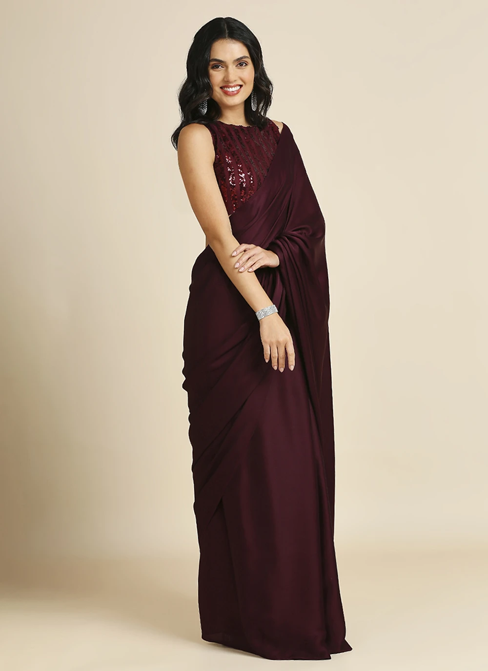 Wine Silk Blend Saree With Lycra Sequins Unstitch Blouse — view 4