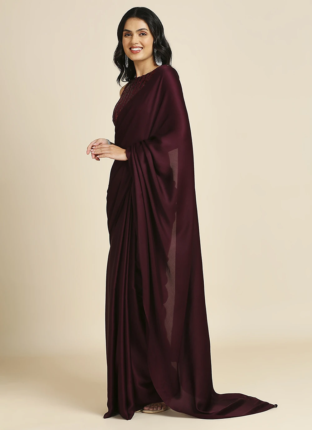 Wine Silk Blend Saree With Lycra Sequins Unstitch Blouse — view 3