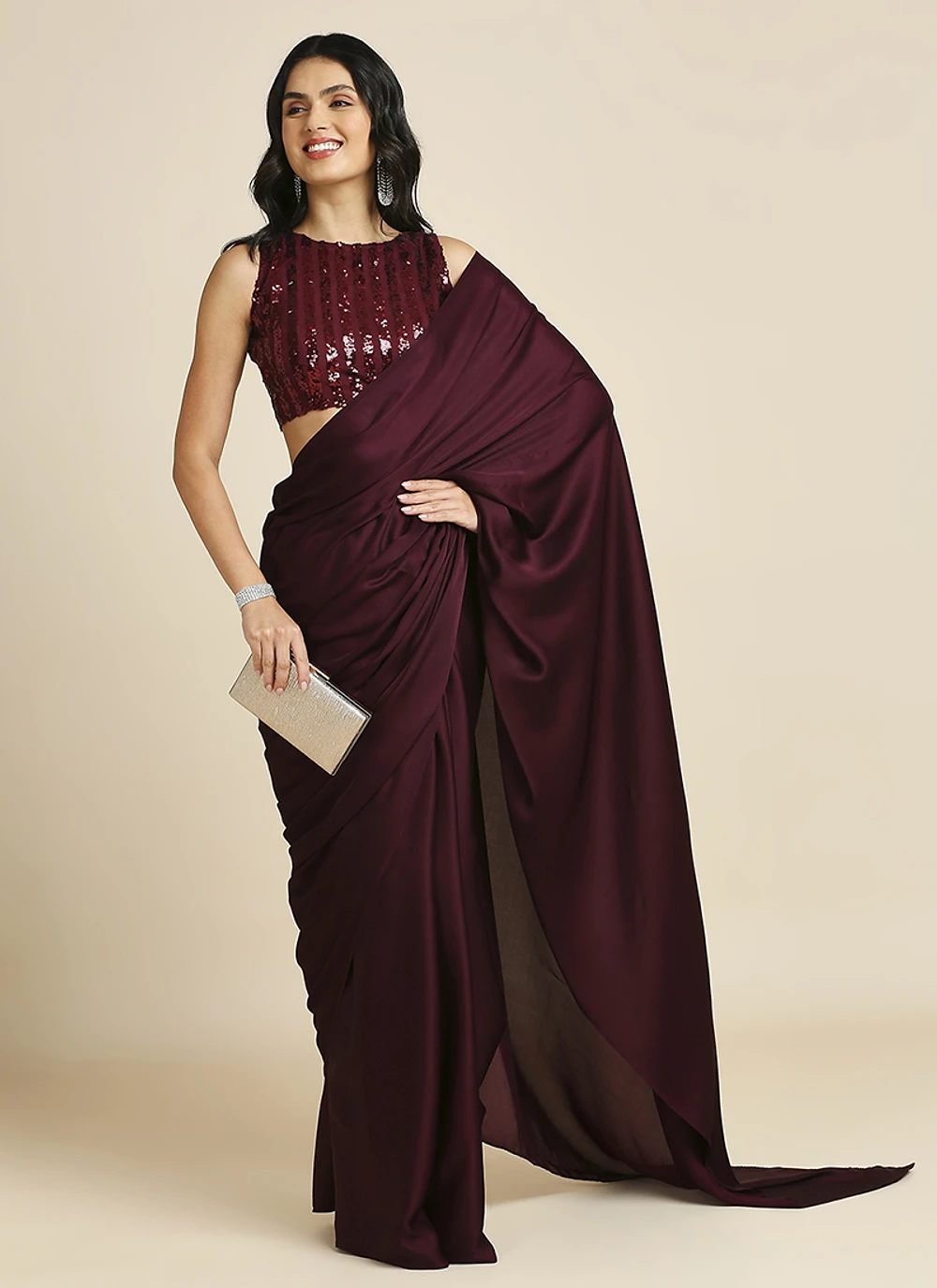 Wine Silk Blend Saree With Lycra Sequins Unstitch Blouse — view 7