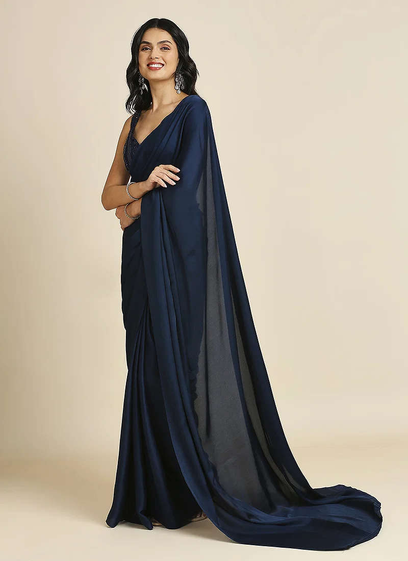 Navy Blue Silk Blend Saree With Lycra Sequins Unstitch Blouse — view 1