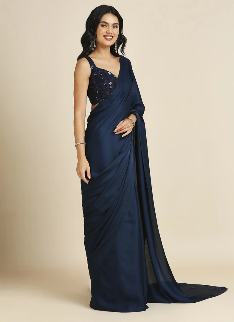 Navy Blue Silk Blend Saree With Lycra Sequins Unstitch Blouse