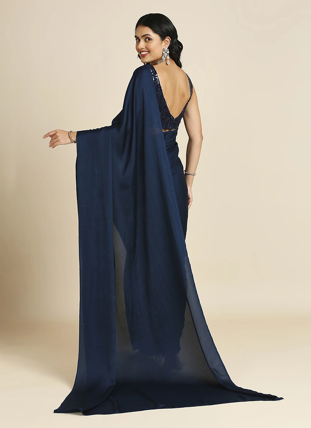 Navy Blue Silk Blend Saree With Lycra Sequins Unstitch Blouse — view 3