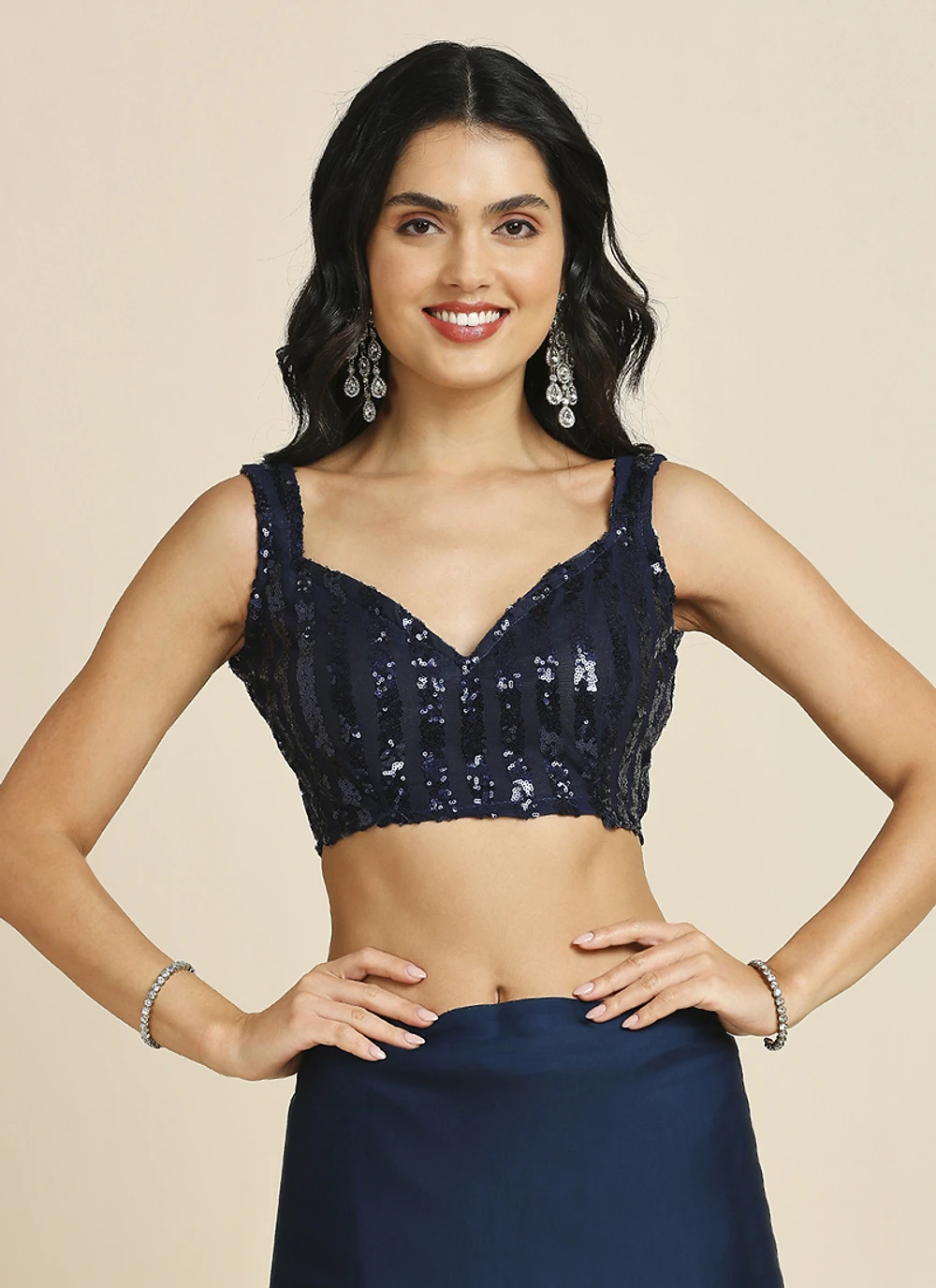Navy Blue Silk Blend Saree With Lycra Sequins Unstitch Blouse — view 6