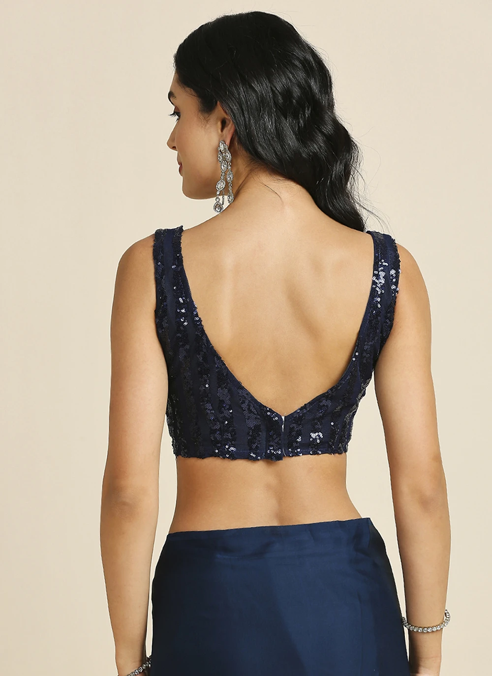Navy Blue Silk Blend Saree With Lycra Sequins Unstitch Blouse — view 7