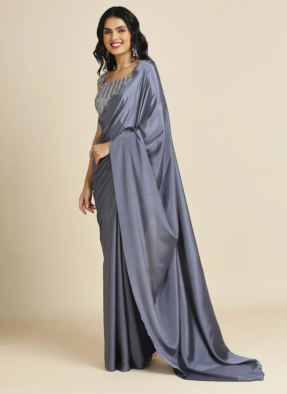 Grey Silk Blend Saree With Lycra Sequins Unstitch Blouse — view 1