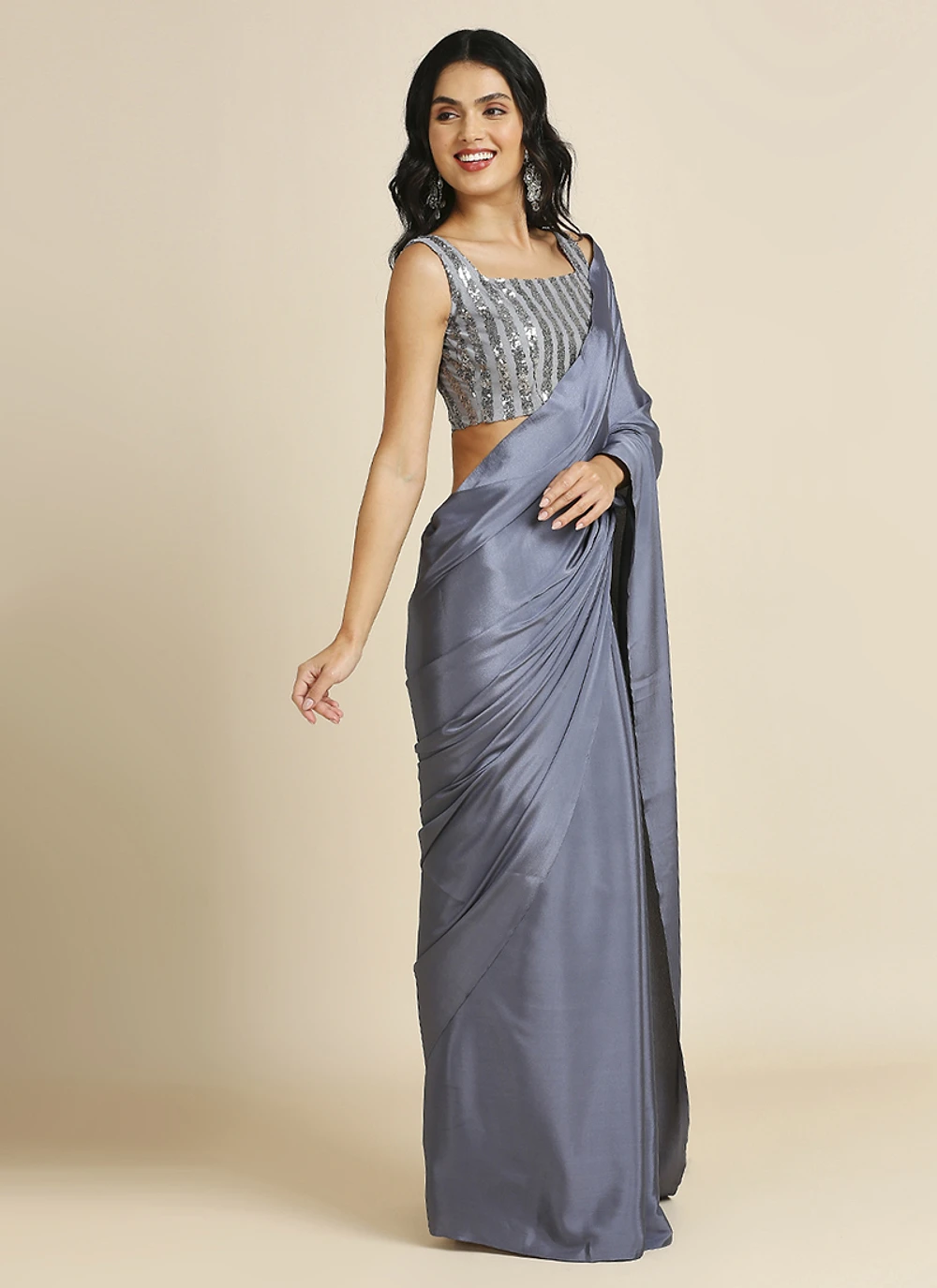 Grey Silk Blend Saree With Lycra Sequins Unstitch Blouse — view 2