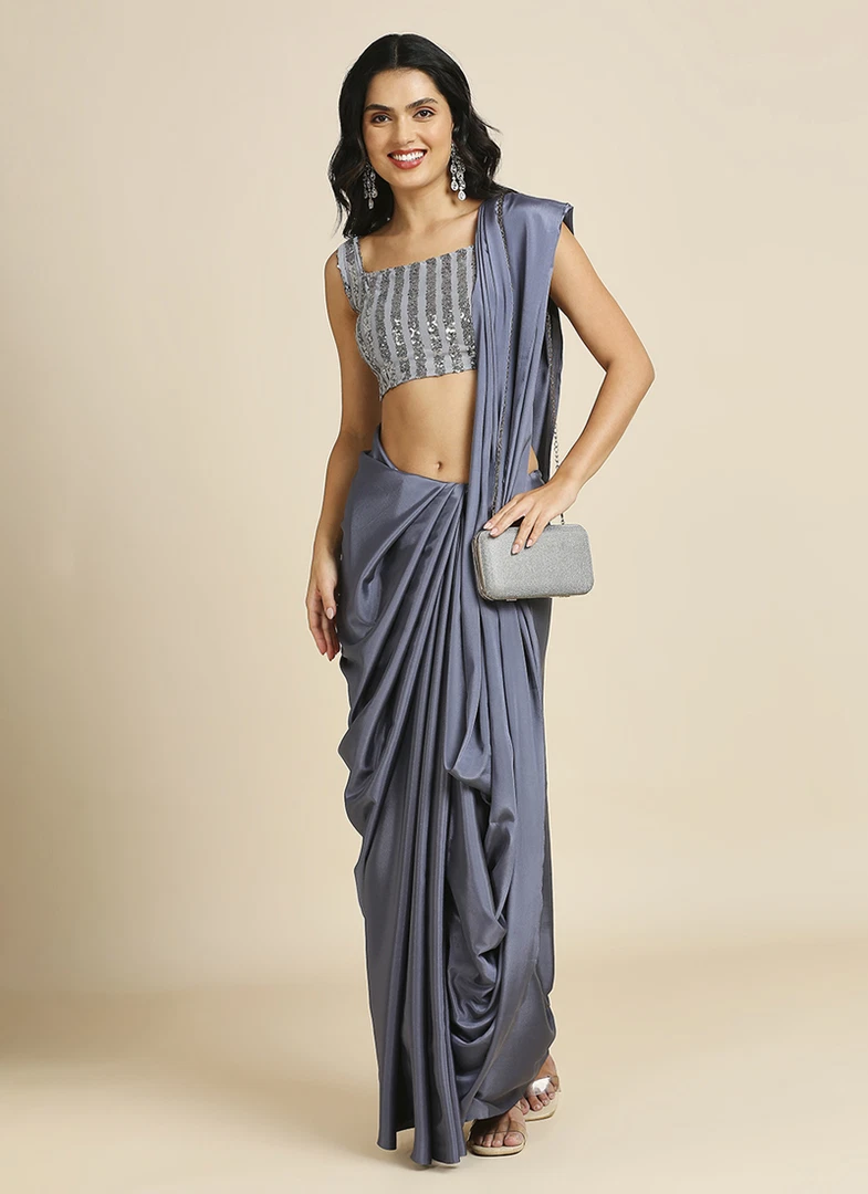 Grey Silk Blend Saree With Lycra Sequins Unstitch Blouse