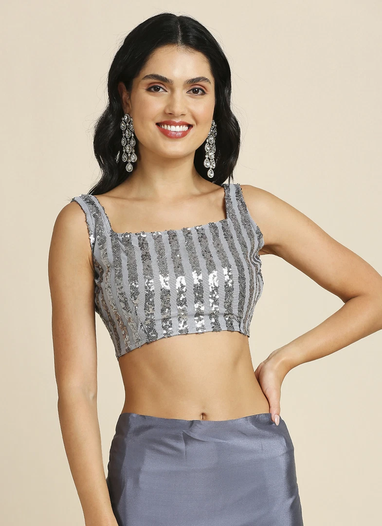 Grey Silk Blend Saree With Lycra Sequins Unstitch Blouse
