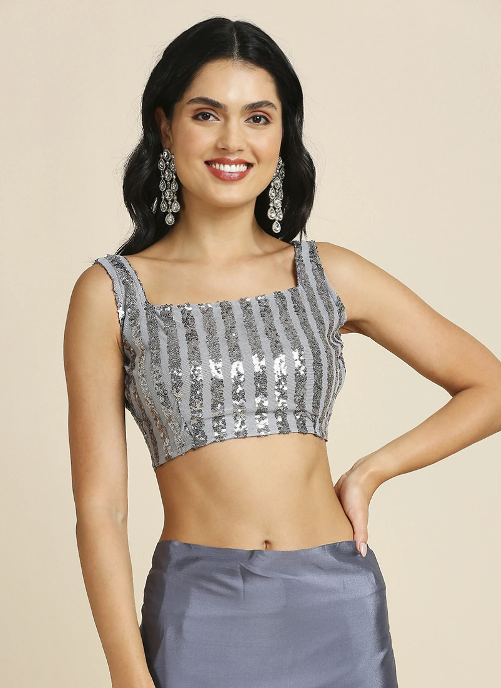 Grey Silk Blend Saree With Lycra Sequins Unstitch Blouse — view 6