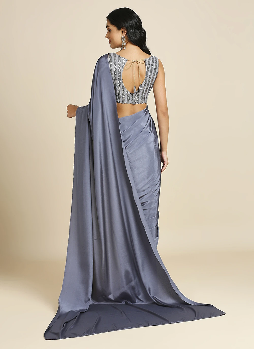 Grey Silk Blend Saree With Lycra Sequins Unstitch Blouse — view 3