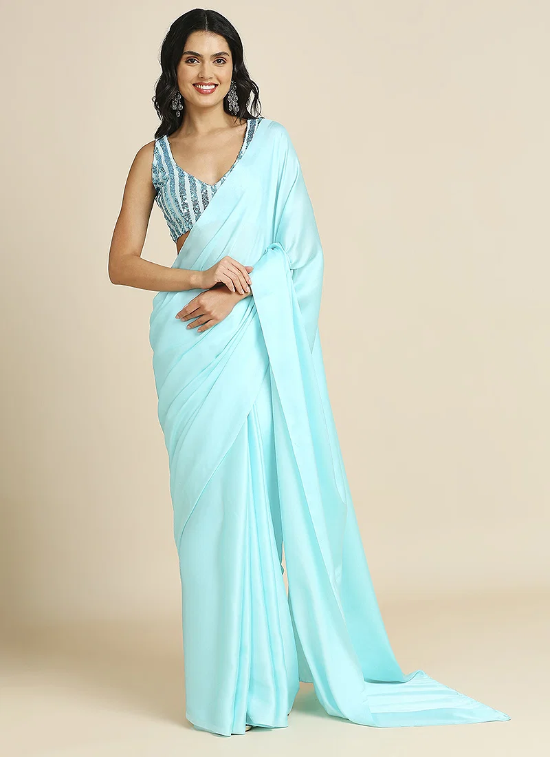 Sky Blue Silk Blend Saree With Lycra Sequins Unstitch Blouse — view 1