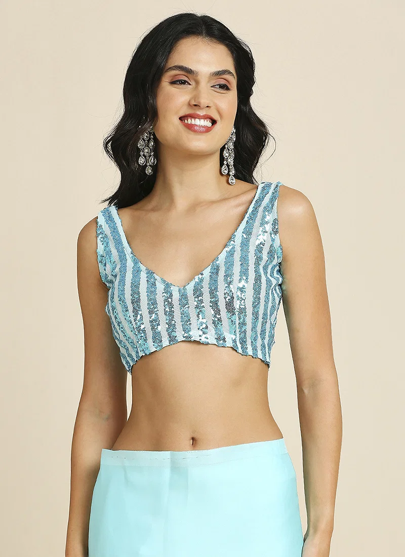 Sky Blue Silk Blend Saree With Lycra Sequins Unstitch Blouse — view 7