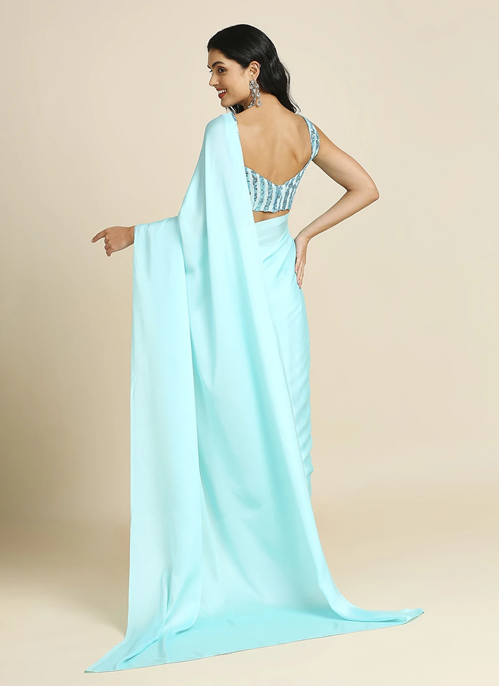 Sky Blue Silk Blend Saree With Lycra Sequins Unstitch Blouse — view 4