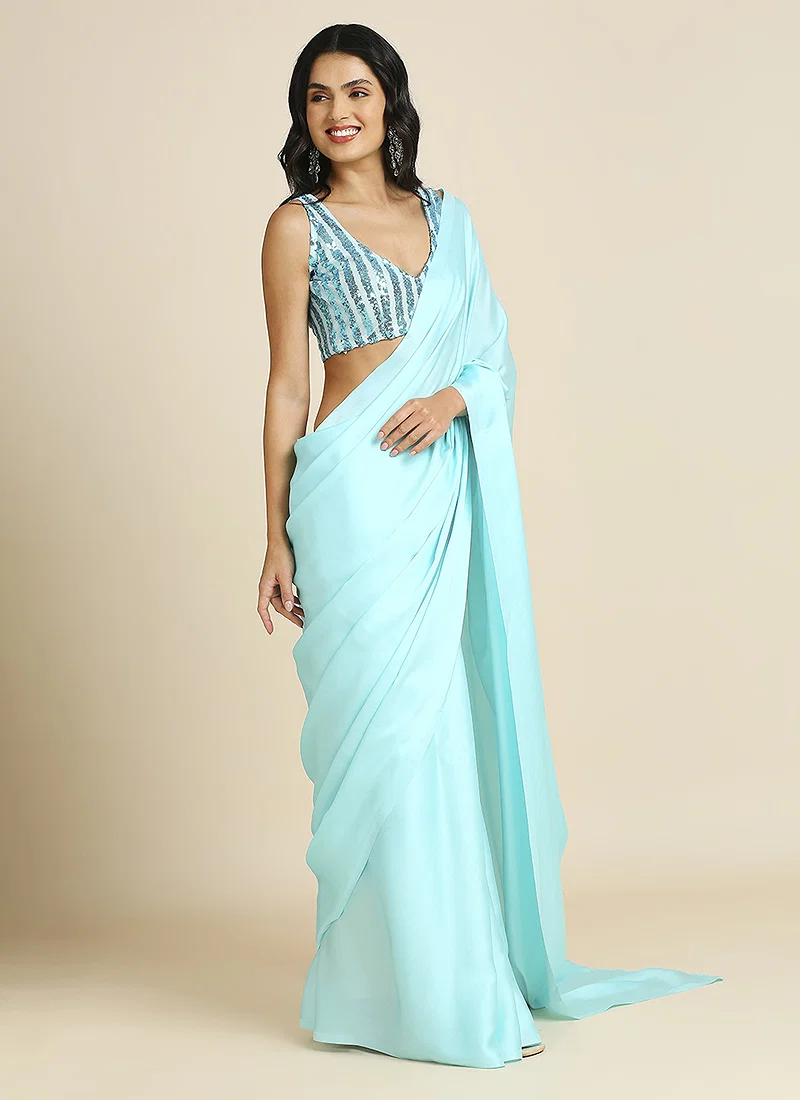 Sky Blue Silk Blend Saree With Lycra Sequins Unstitch Blouse — view 3