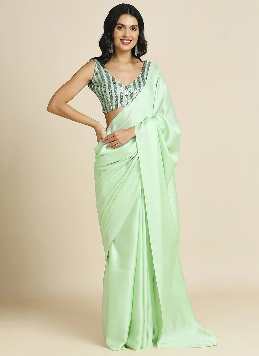 Lime Green Silk Blend Saree With Lycra Sequins Unstitch Blouse — view 1