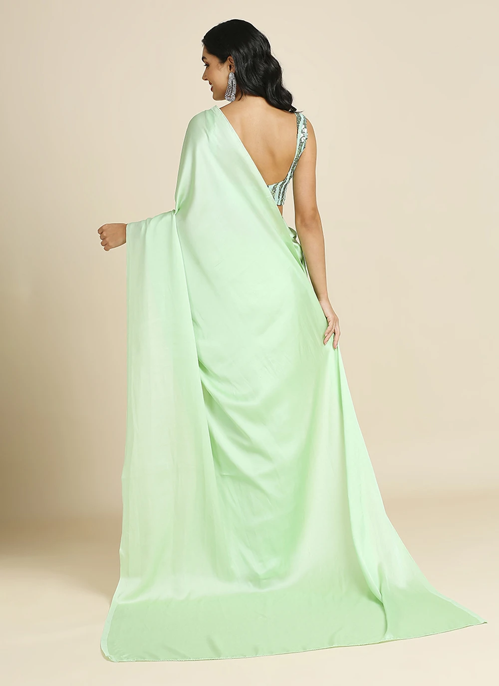 Lime Green Silk Blend Saree With Lycra Sequins Unstitch Blouse — view 4