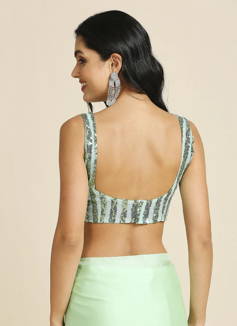 Lime Green Silk Blend Saree With Lycra Sequins Unstitch Blouse