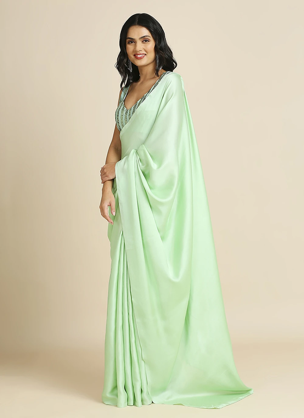 Lime Green Silk Blend Saree With Lycra Sequins Unstitch Blouse — view 2