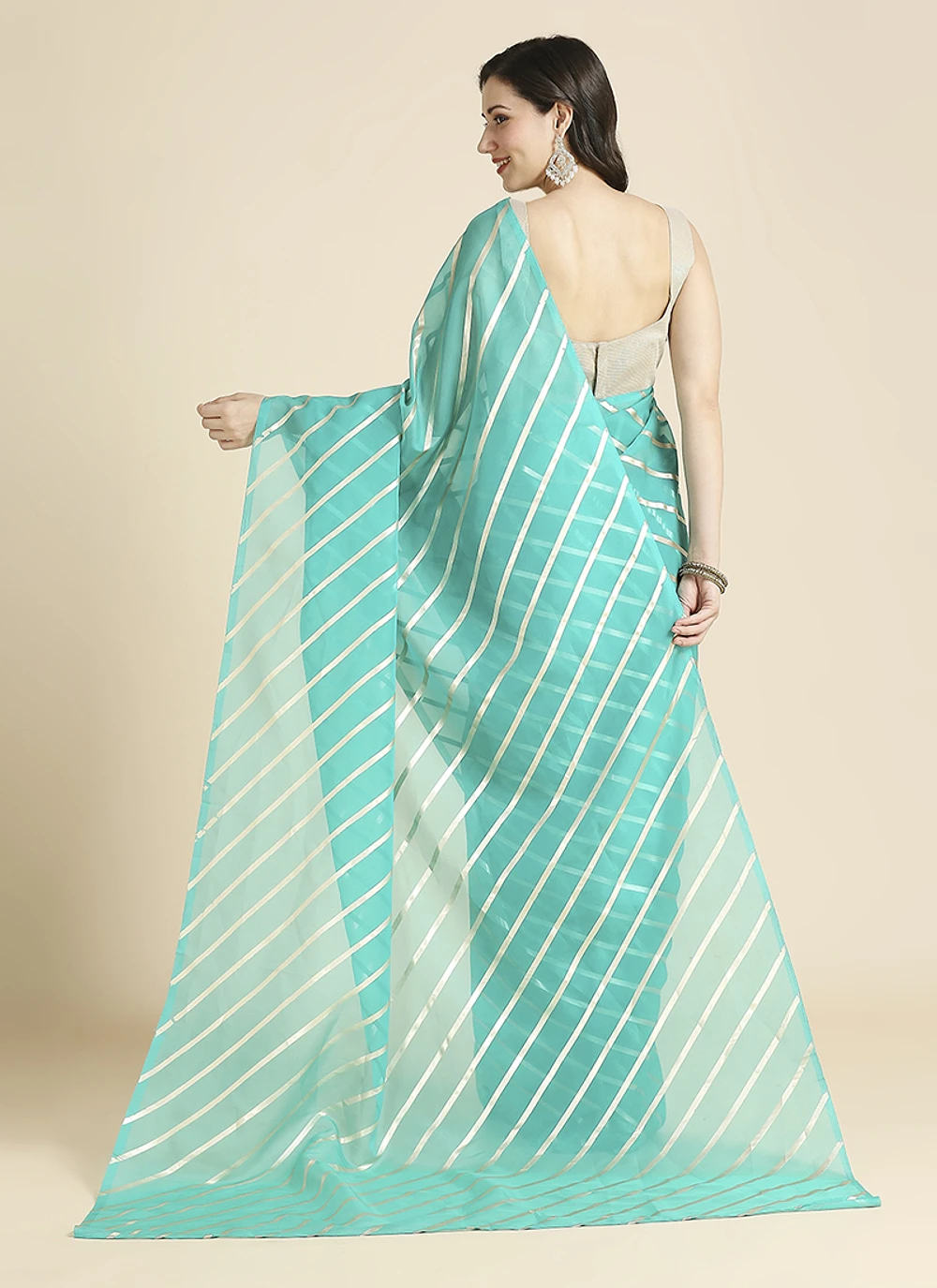 Turqoise Color Organza Chiffon Leheriya Print Saree With Blouse — view 4