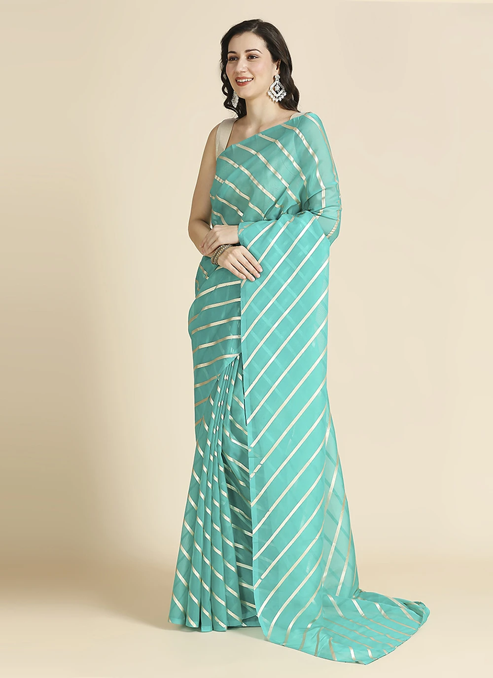 Turqoise Color Organza Chiffon Leheriya Print Saree With Blouse — view 2