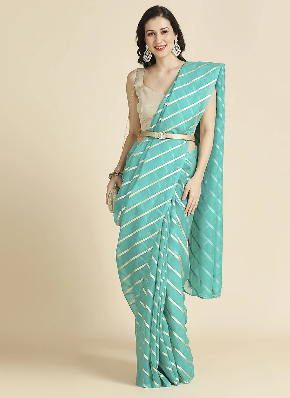 Turqoise Color Organza Chiffon Leheriya Print Saree With Blouse — view 6