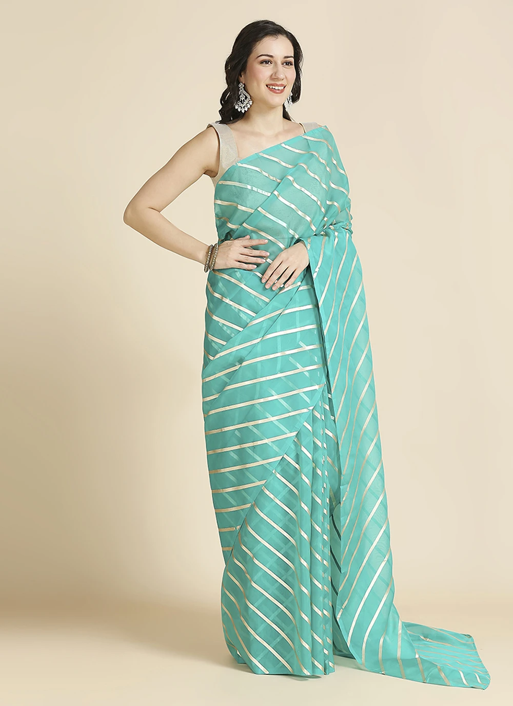 Turqoise Color Organza Chiffon Leheriya Print Saree With Blouse — view 3