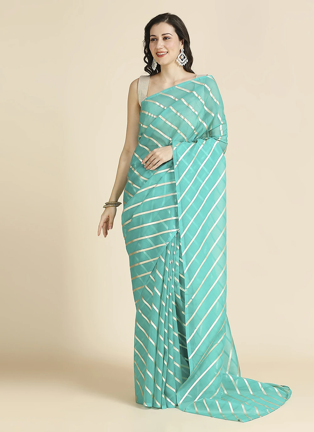 Turqoise Color Organza Chiffon Leheriya Print Saree With Blouse — view 1