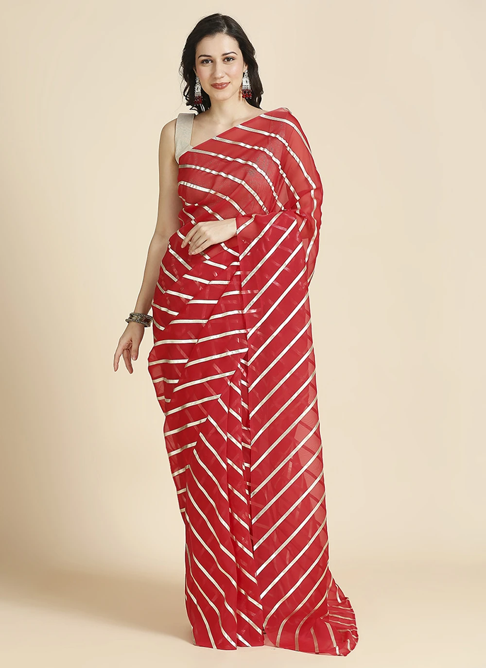 Red Color Organza Chiffon Leheriya Print Saree With Blouse — view 1