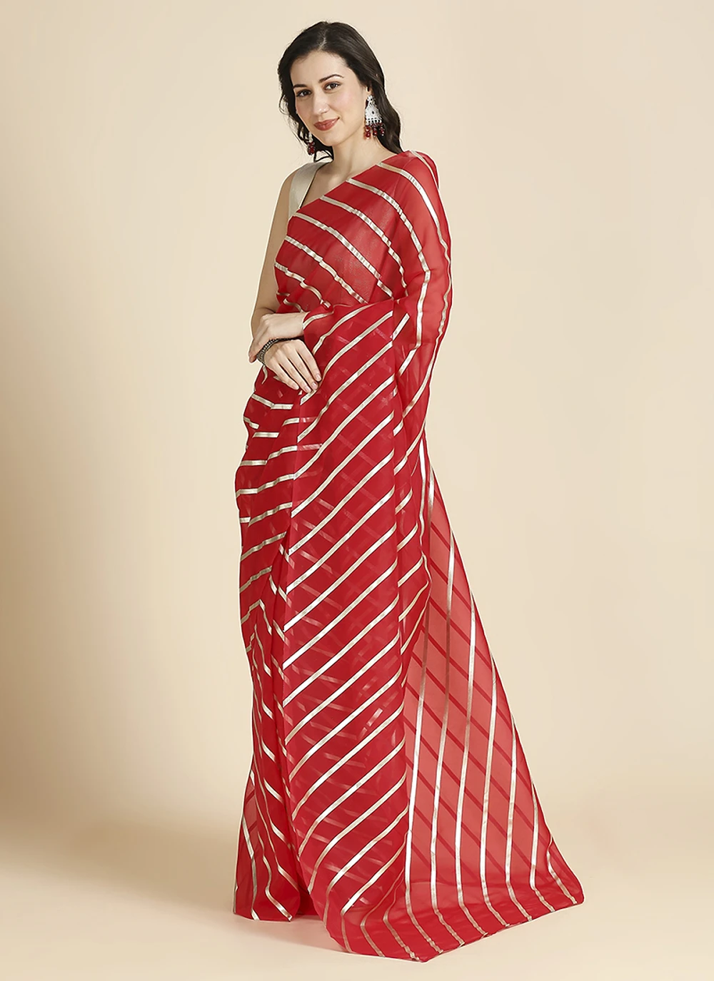 Red Color Organza Chiffon Leheriya Print Saree With Blouse — view 2