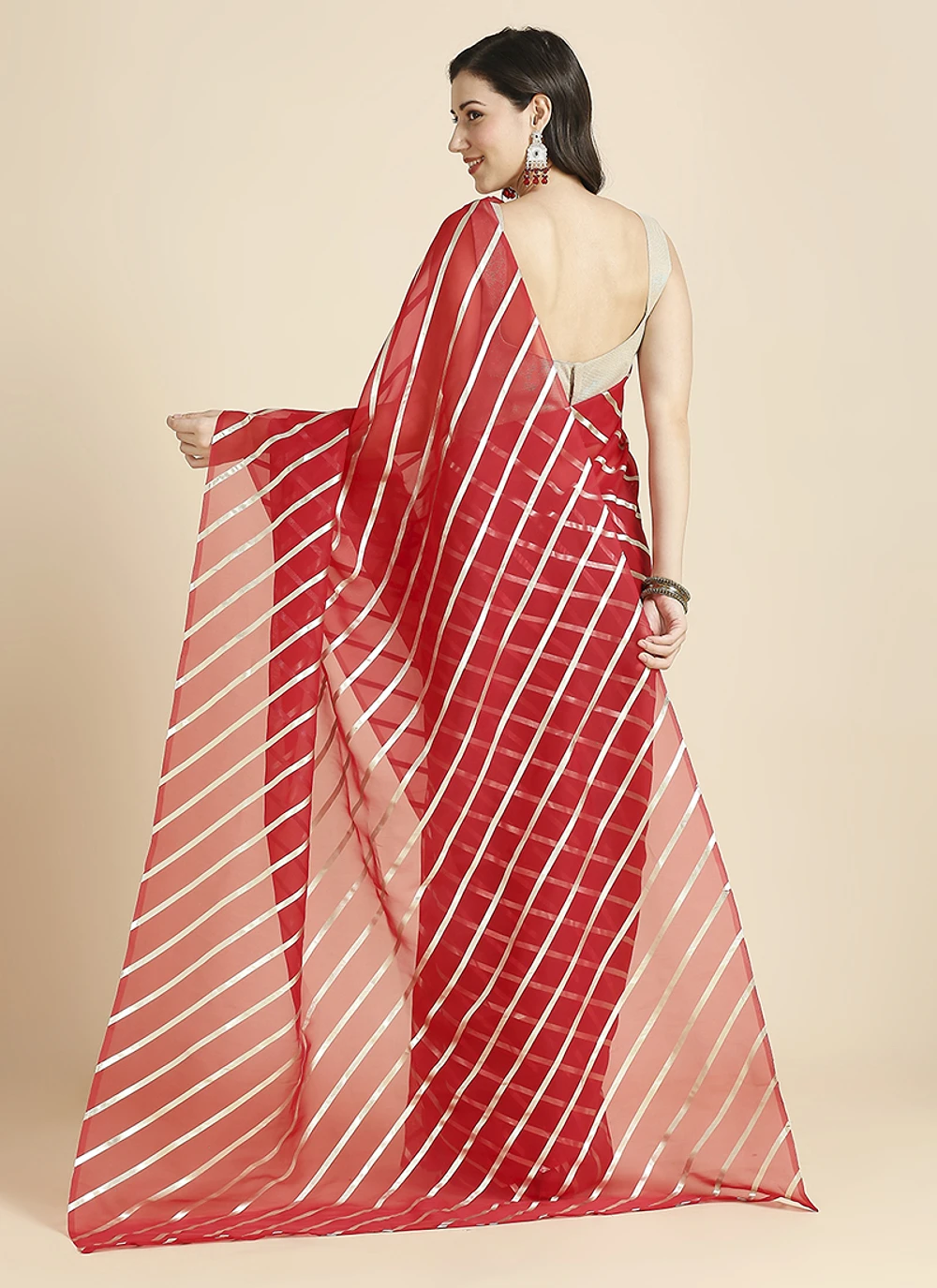 Red Color Organza Chiffon Leheriya Print Saree With Blouse — view 4