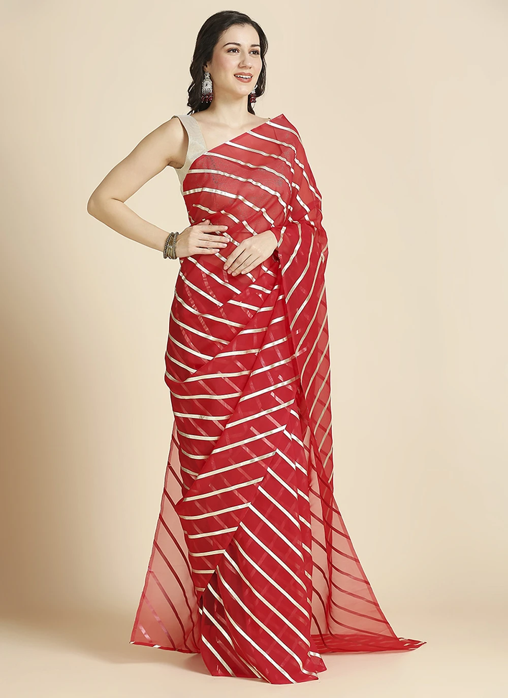 Red Color Organza Chiffon Leheriya Print Saree With Blouse — view 3