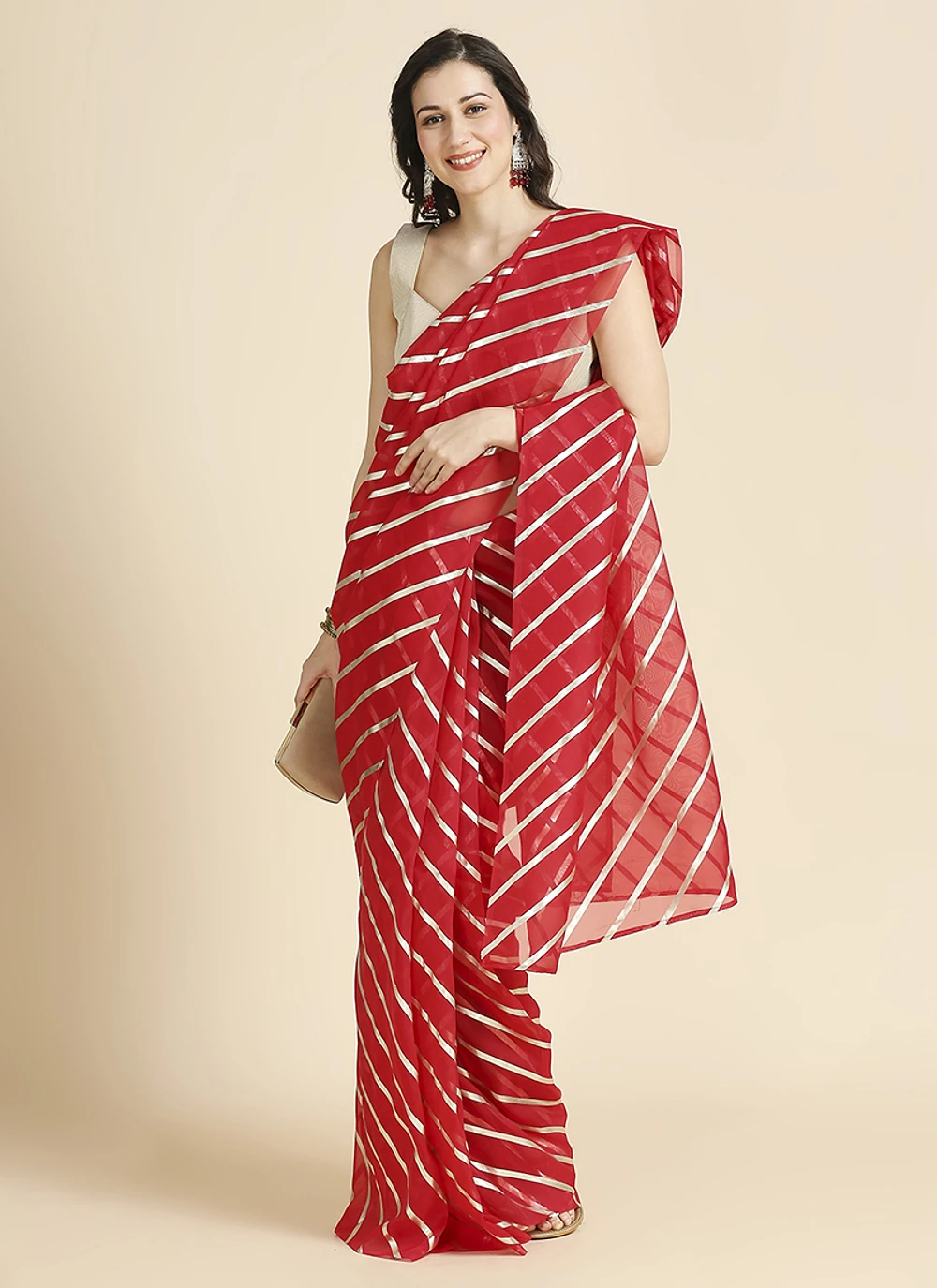 Red Color Organza Chiffon Leheriya Print Saree With Blouse — view 6