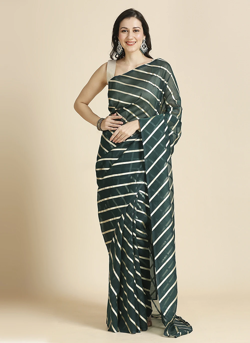 green Color Organza Chiffon Leheriya Print Saree With Blouse — view 1