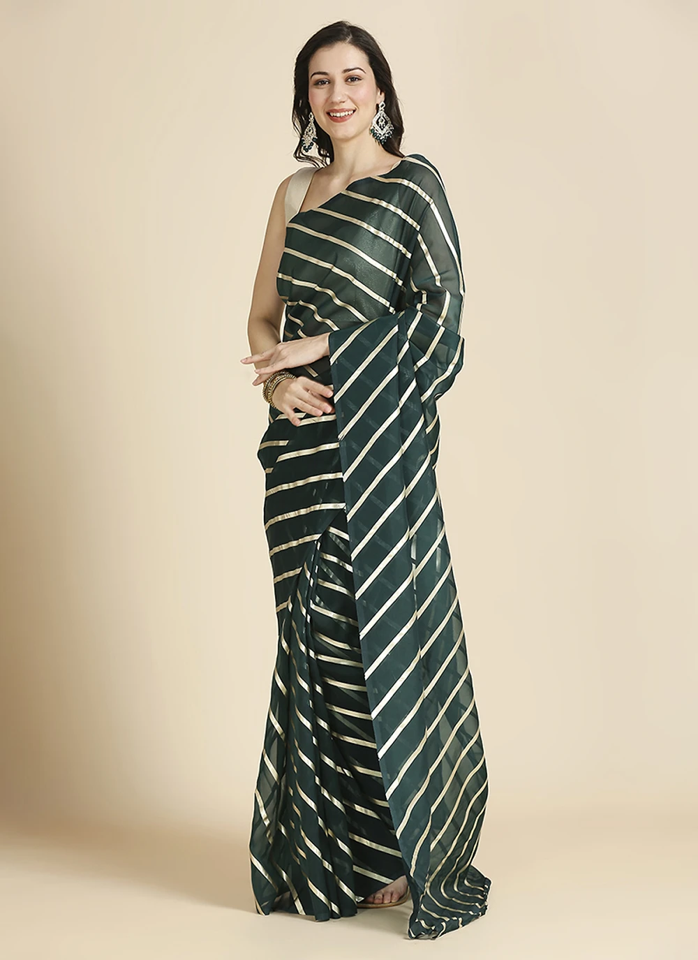 green Color Organza Chiffon Leheriya Print Saree With Blouse — view 2