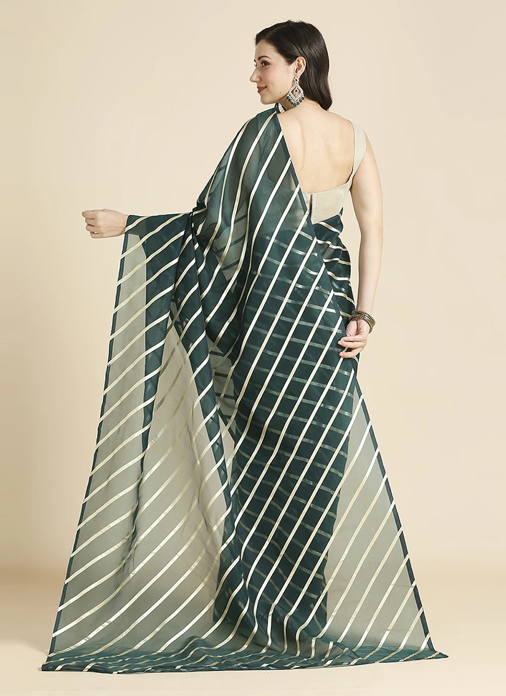 green Color Organza Chiffon Leheriya Print Saree With Blouse — view 4