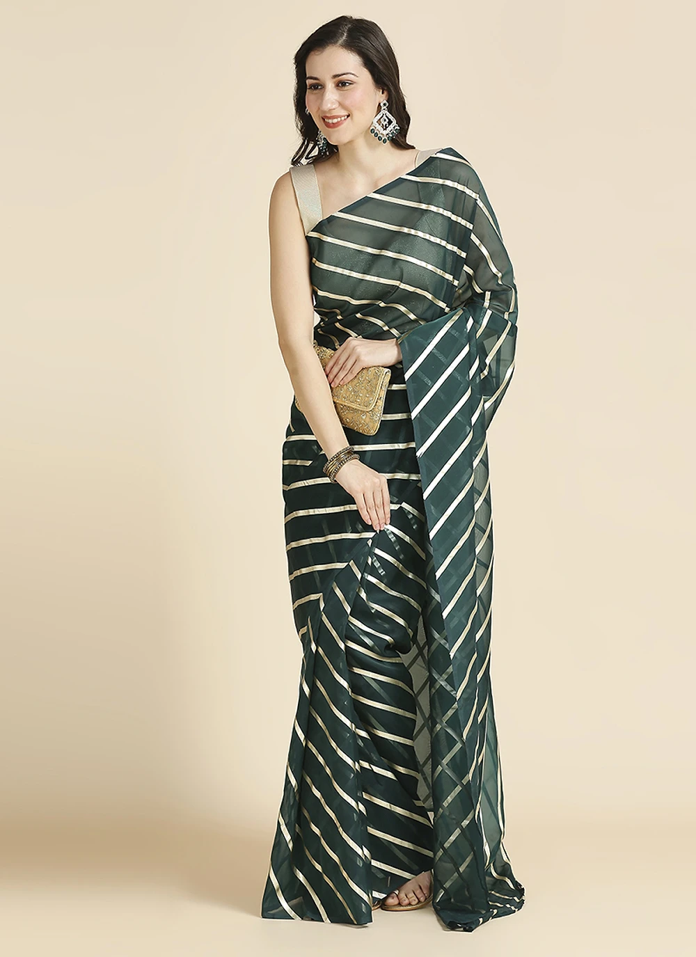green Color Organza Chiffon Leheriya Print Saree With Blouse — view 6