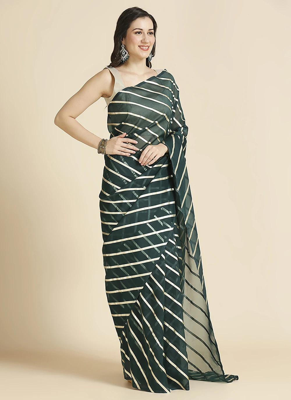 green Color Organza Chiffon Leheriya Print Saree With Blouse — view 3