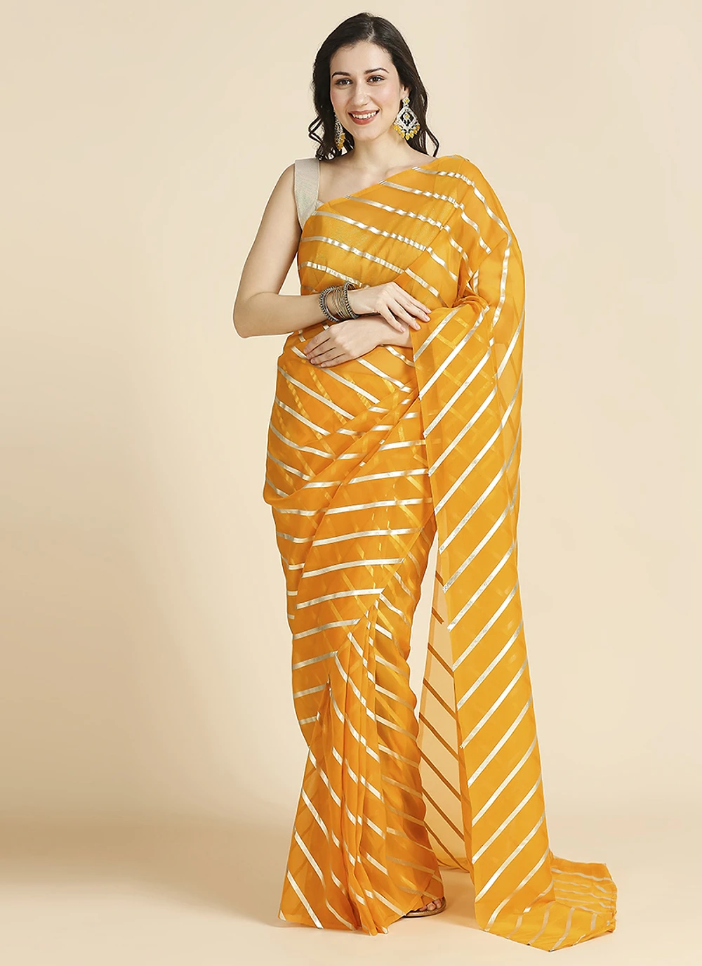 Yellow Color Organza Chiffon Leheriya Print Saree With Blouse — view 1