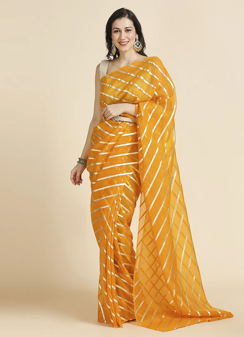 Yellow Color Organza Chiffon Leheriya Print Saree With Blouse