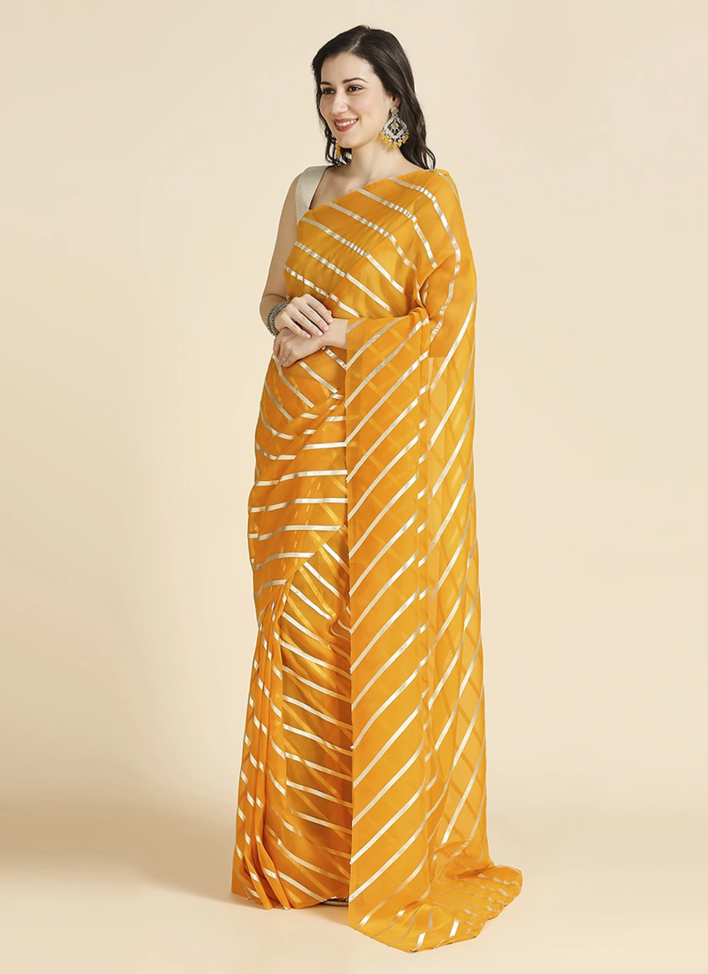 Yellow Color Organza Chiffon Leheriya Print Saree With Blouse — view 2