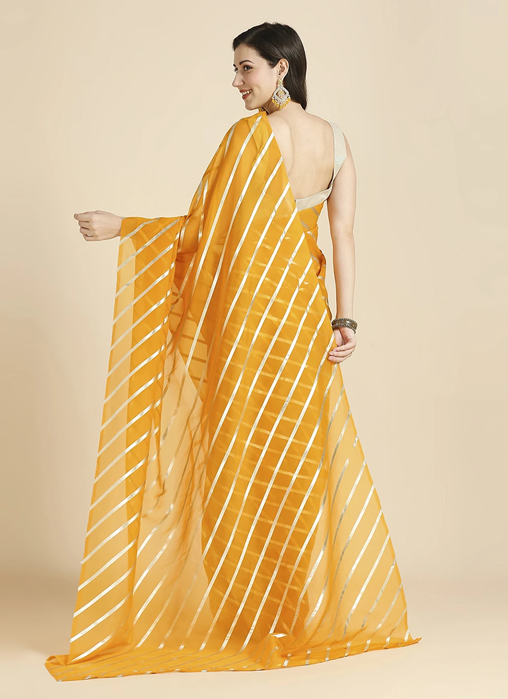 Yellow Color Organza Chiffon Leheriya Print Saree With Blouse — view 4